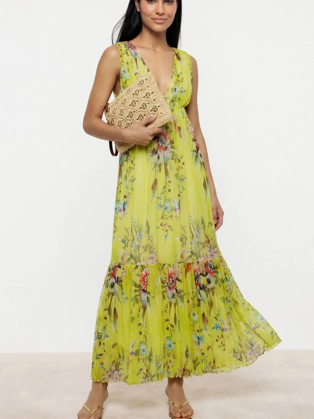 FUZZI Gaultier Cedro Mesh Pleated Maxi Dress Yellow Floral Tulle Goddess Empire